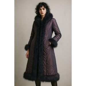 Vintage 90s Penny Lane Puffer Coat‎ Maxi Brown Hippie Jacket Faux Fur Trim Boho